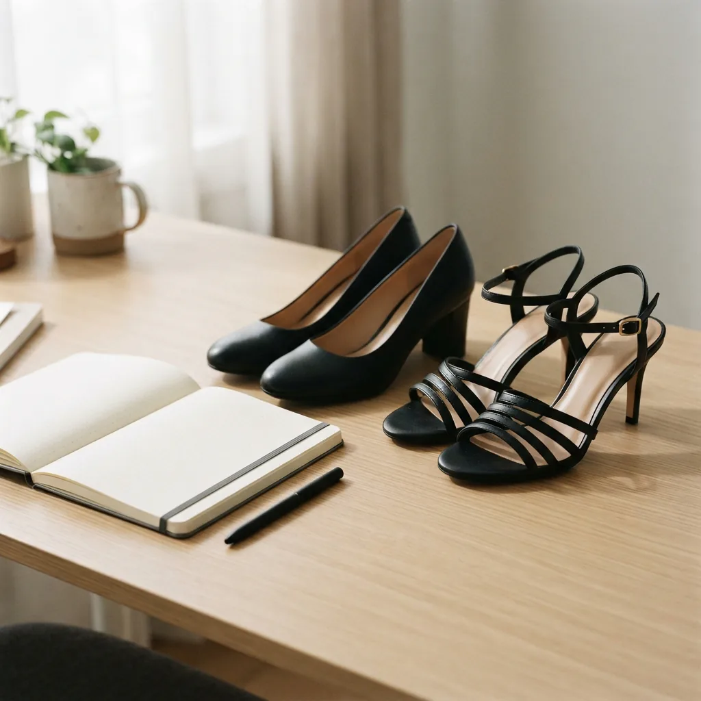 Two pairs of black heels set out beside a paper planner on a light desk