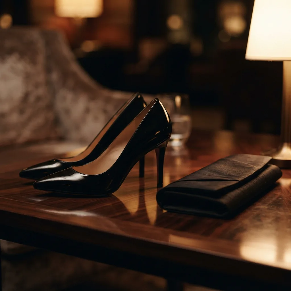 Black pointed-toe pumps set beside a folded evening clutch on a dark tabletop
