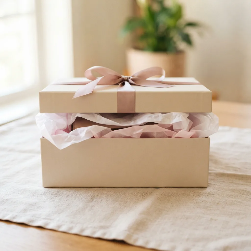 Single gift-wrapped purse box with a ribbon on a light surface