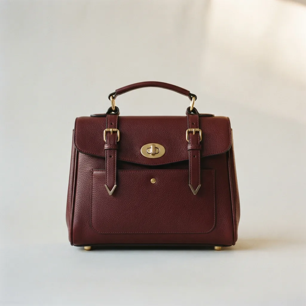Structured satchel bag with short top handles standing upright on a clean neutral backdrop