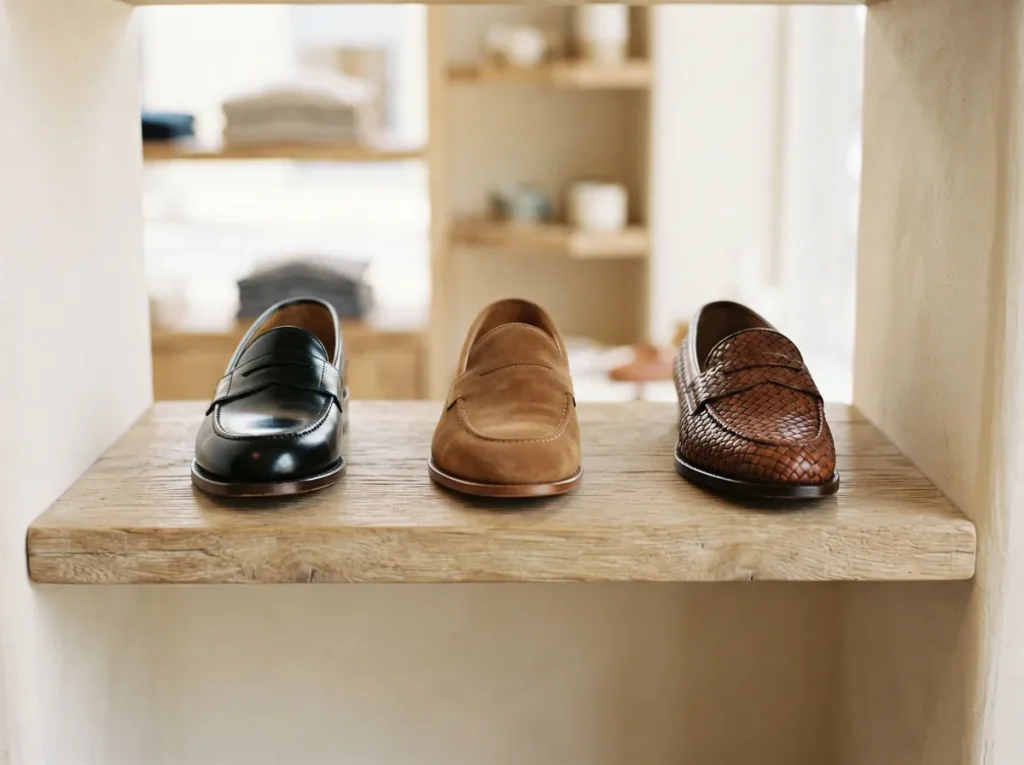 A polished leather, a suede and a woven loafer standing in a row on a pale wood shelf