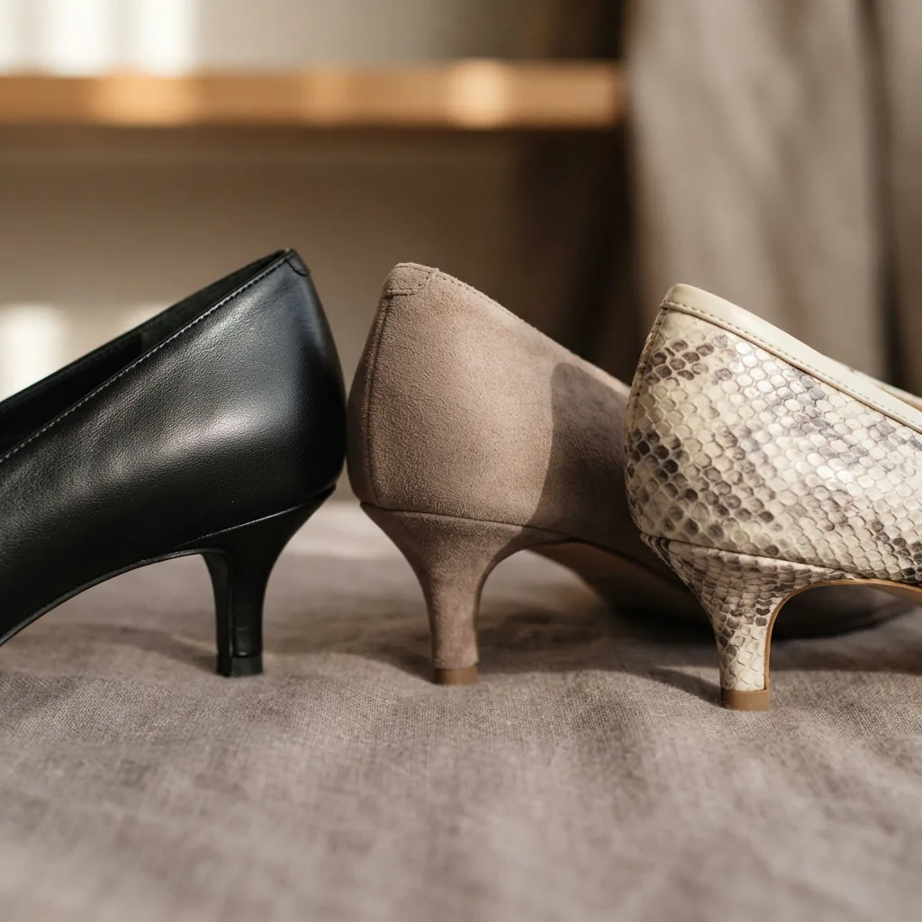 Close-up of leather, suede and reptile-print kitten heel surfaces side by side
