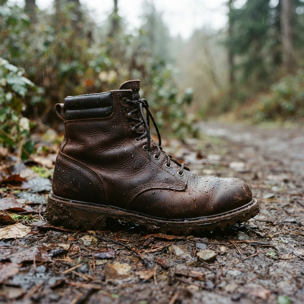 Water droplets beading on the leather of a mid-height work boot outdoors in light rain