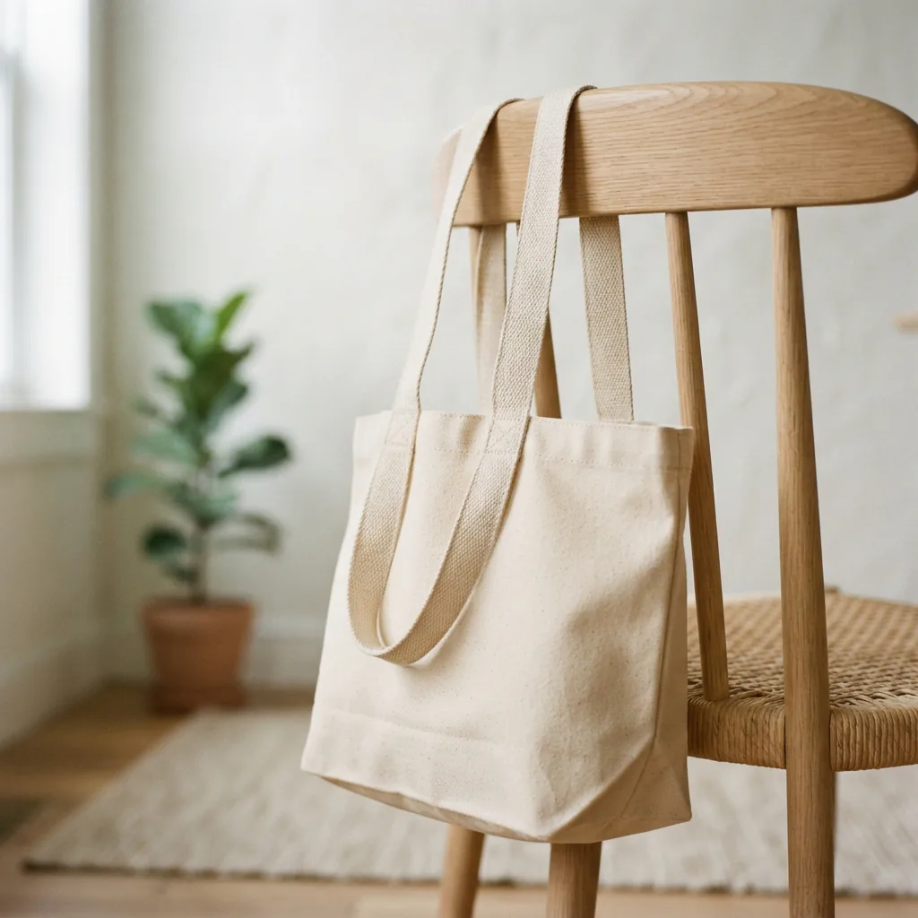 Close view of tote bag shoulder straps resting over a wooden chair back