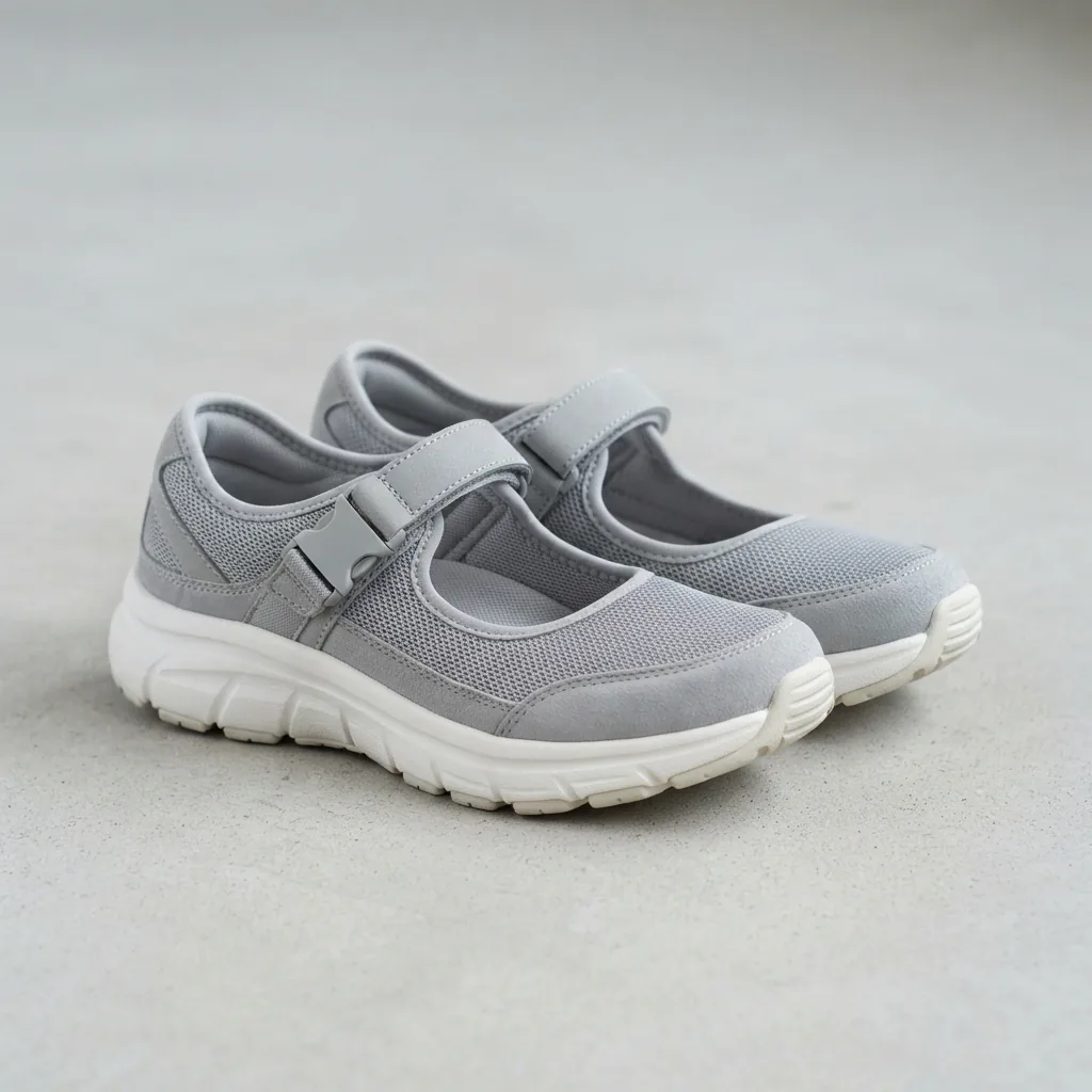 Two strap sneakers with cushioned soles arranged together on a light studio background