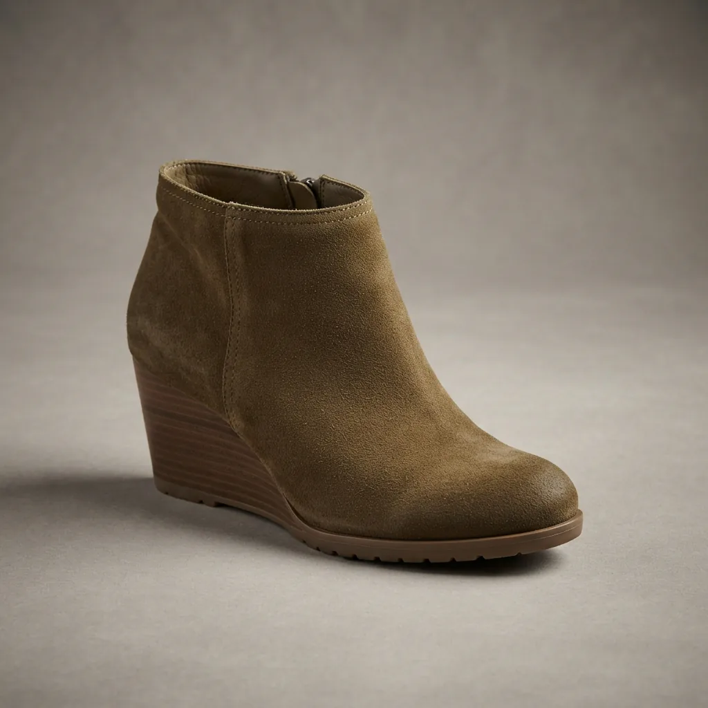 A closed-toe wedge bootie photographed against a cool autumn-toned studio backdrop