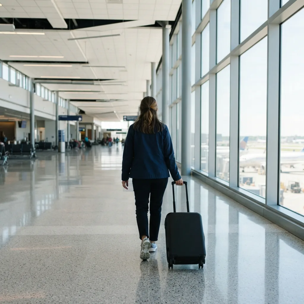 One adult traveler walking through a sunlit airport corridor with a rolling suitcase