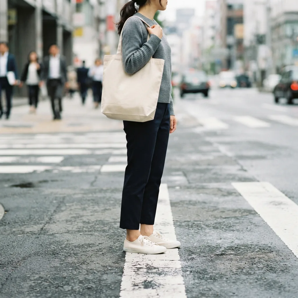 One adult woman standing at a crosswalk with a tote bag during daily errands