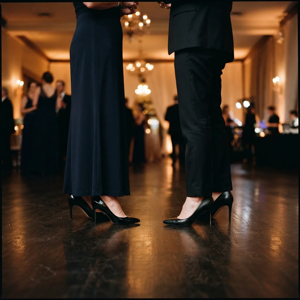 Two dressed-up guests standing in high heels at an evening event