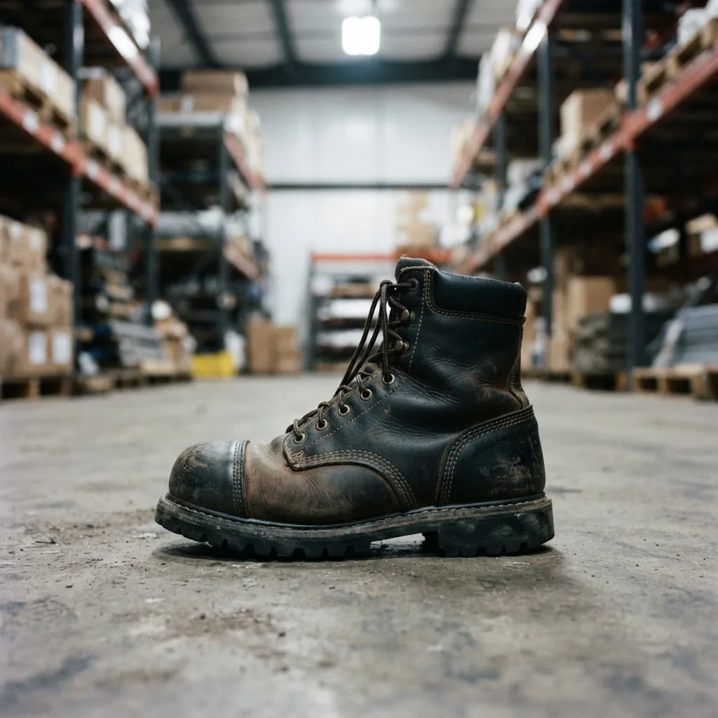Men's steel toe work boot on a warehouse floor with blurred pallet racking behind