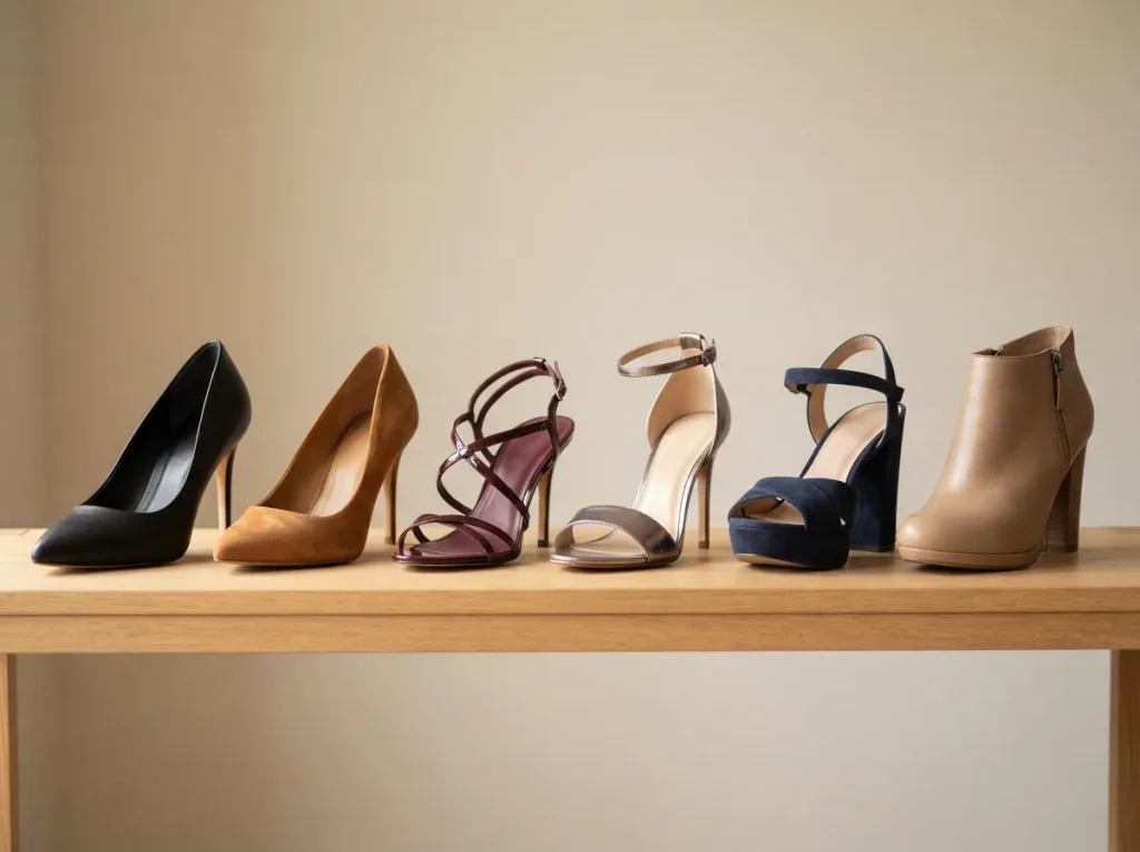 Assorted high heel styles arranged in a row on a bright studio shelf