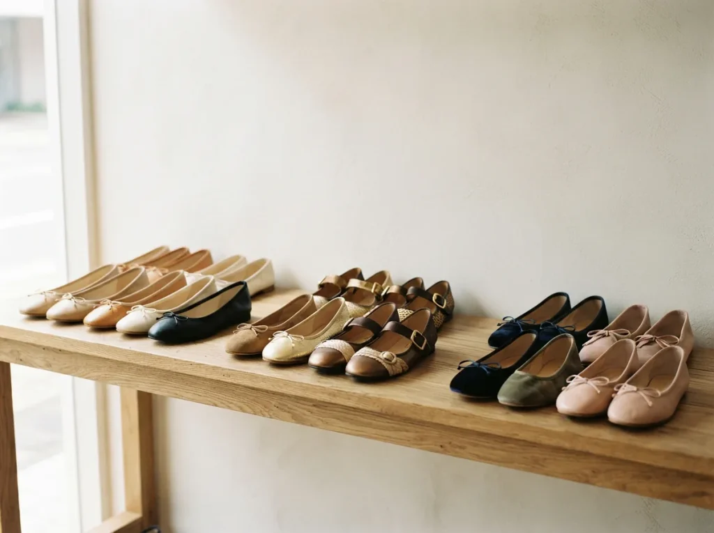A category overview of several ballet flats grouped by style on a light shelf
