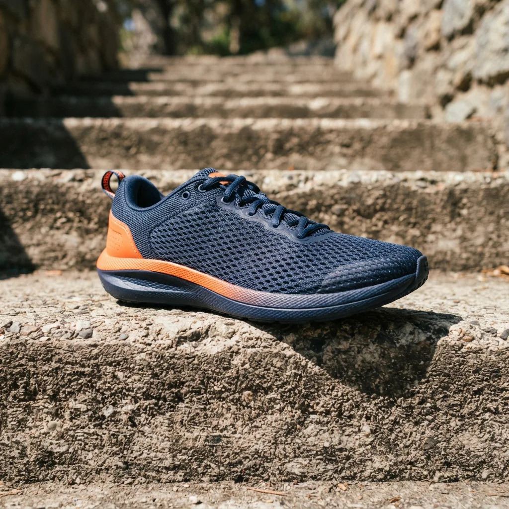 Under Armour Charged Pursuit 2 men's running shoe on a sunlit outdoor staircase