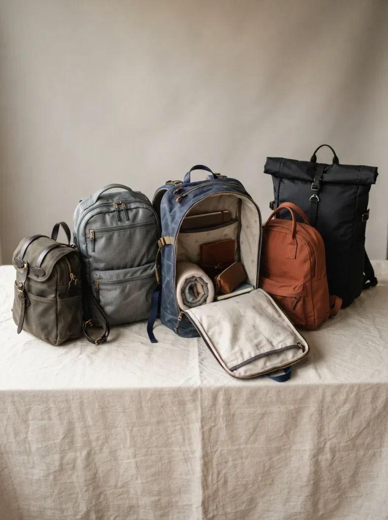 A collection of backpacks in different sizes, colors and materials arranged on a light studio surface