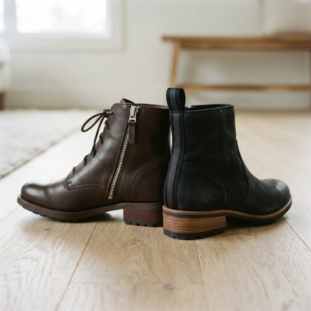 Two women's boots showing a side zip on one and a pull tab on the other