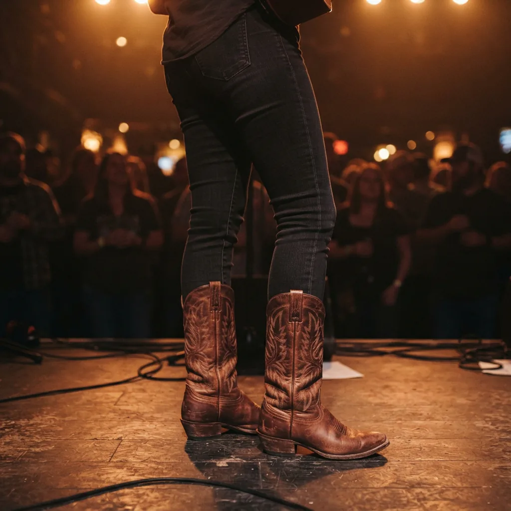 Tall western boots paired with dark jeans at an evening concert venue