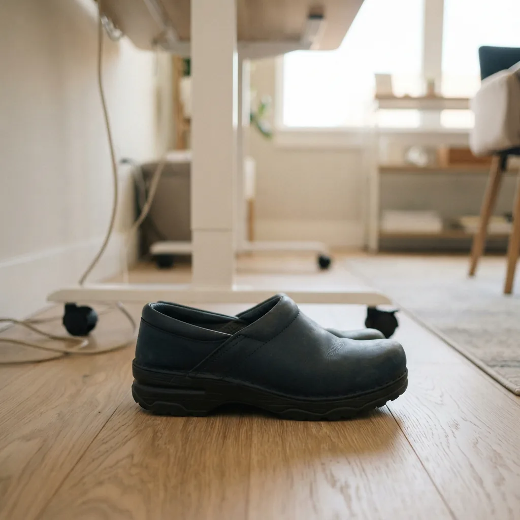 Closed-toe work clog photographed on a clean floor near a standing desk