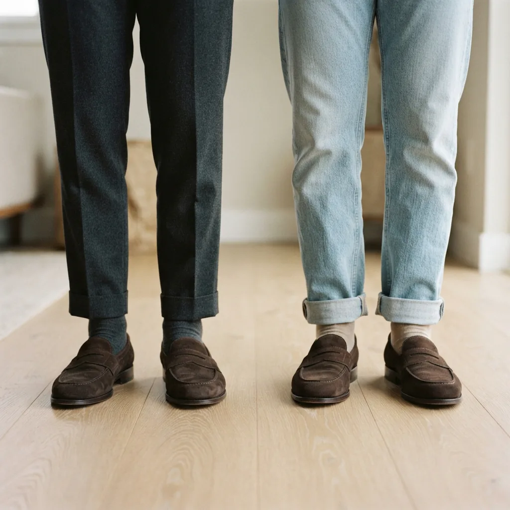 Loafers styled under office trousers on the left and with cuffed denim on the right of a pale wood floor