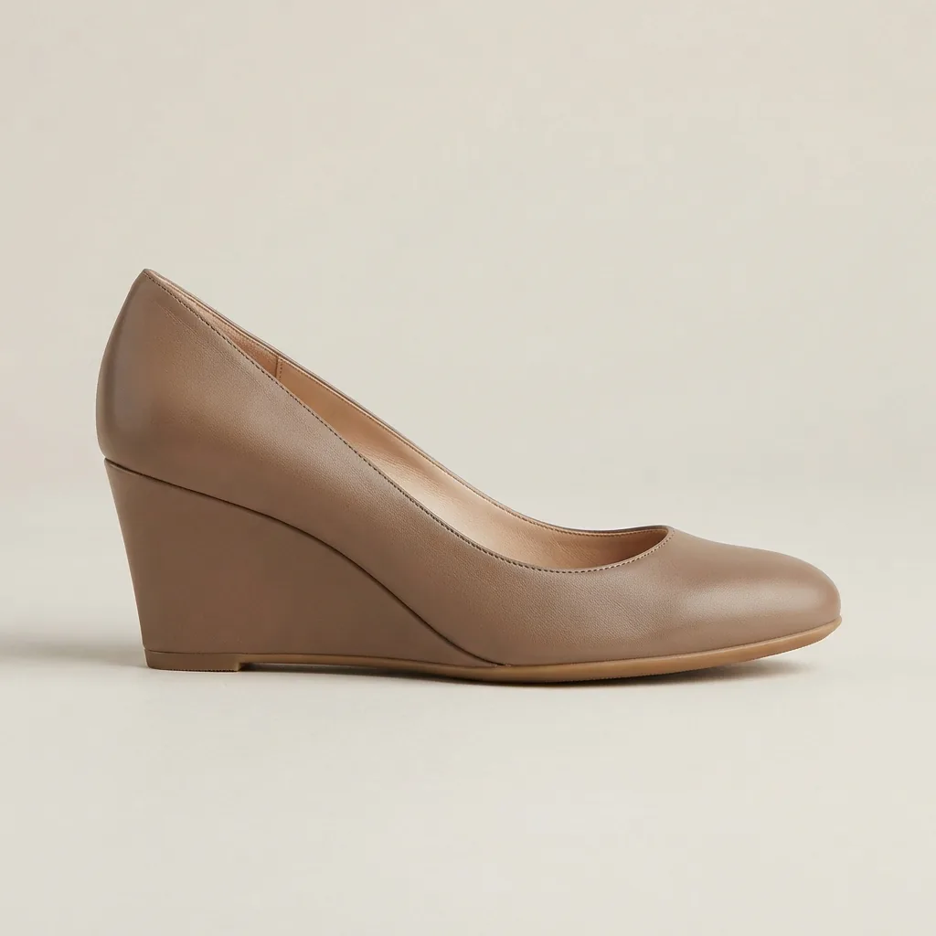 Wedge pump with a smooth closed toe on a pale studio surface
