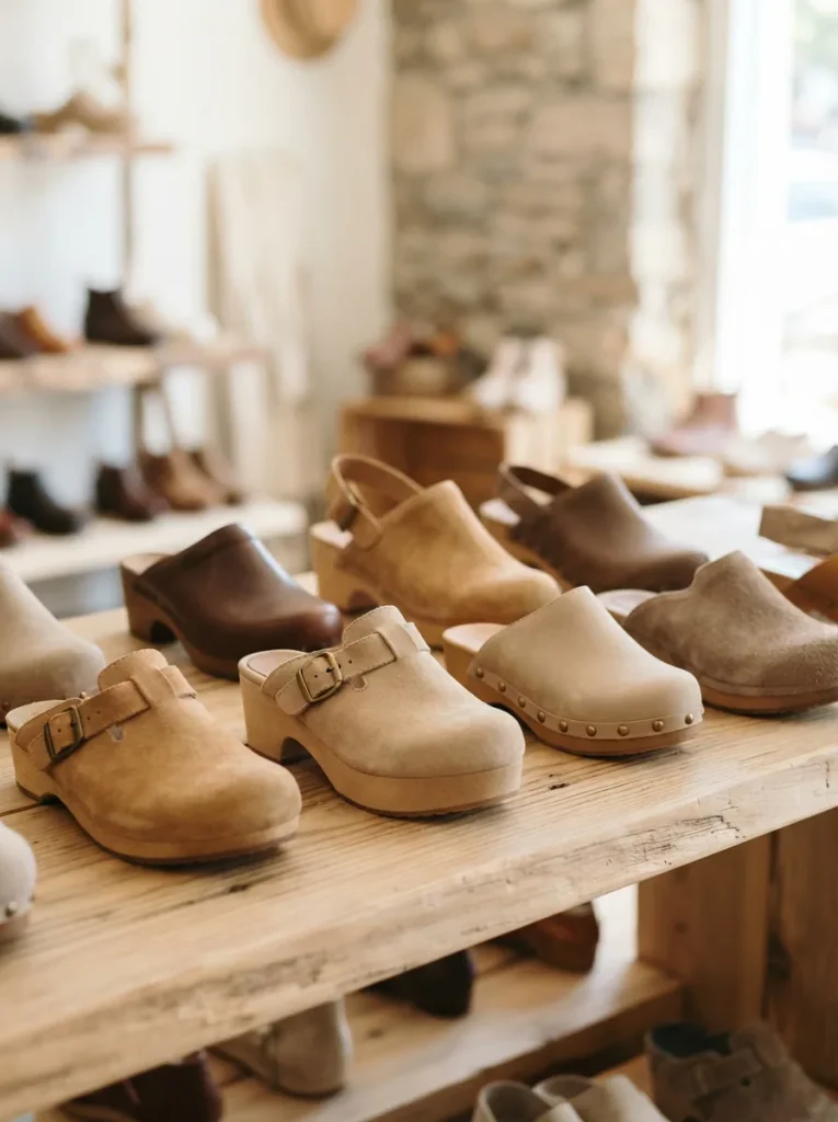 Group of clogs in several styles arranged on a light wood surface