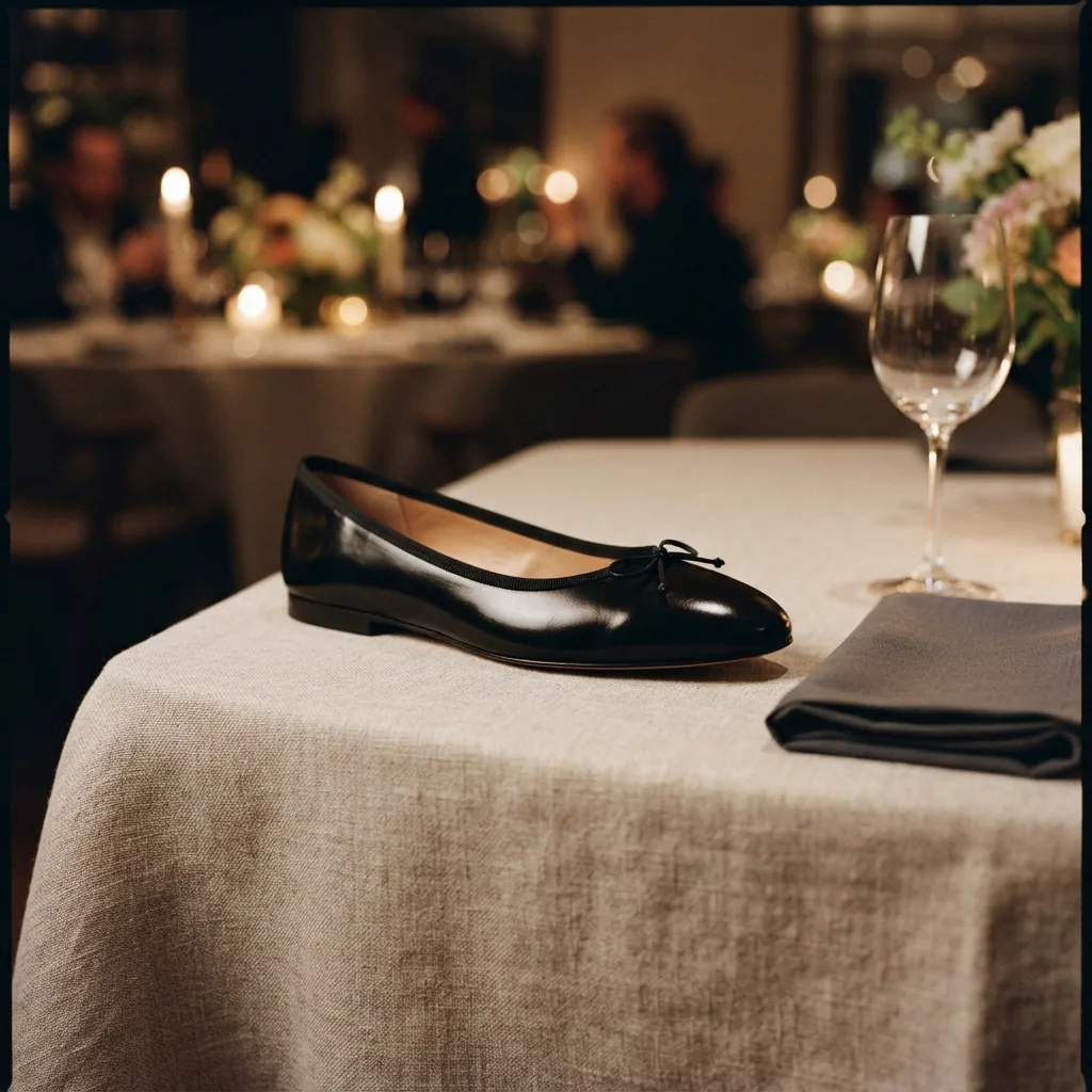 A polished ballet flat beside a folded napkin and glassware on an event table
