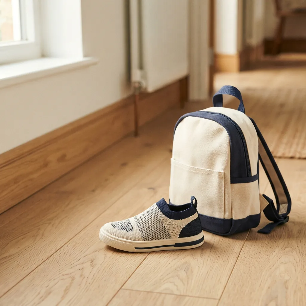 A children's stretch-fabric slip-on shoe beside a small canvas backpack on a light hallway floor