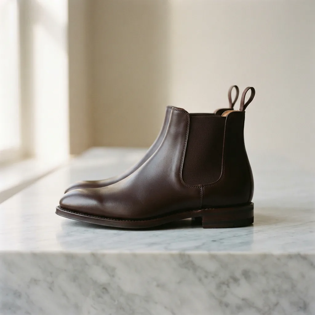 Pair of dark brown plain toe Chelsea boots with elastic side gore on a pale marble surface