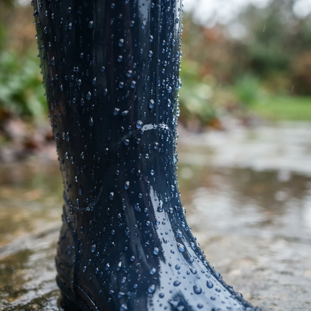 Rain beading on the rubber surface of a single rain boot outdoors