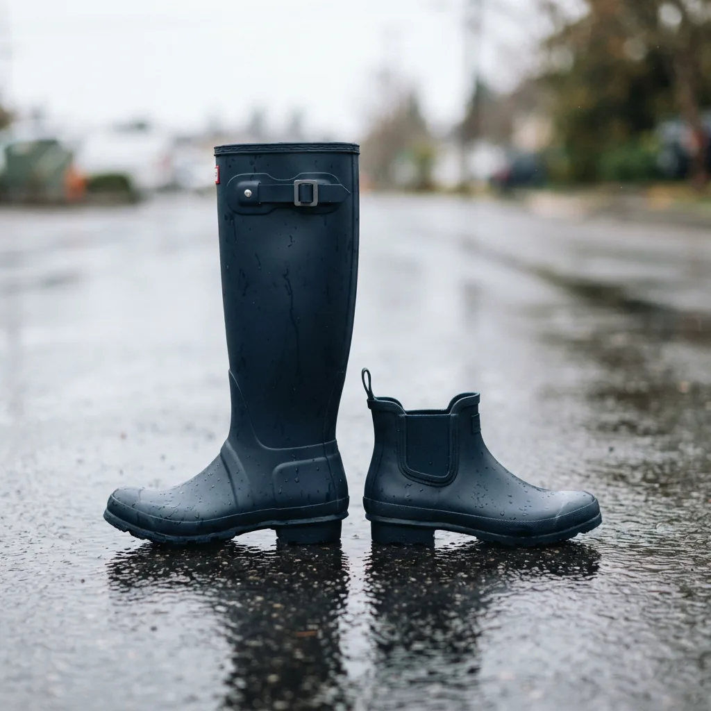 Tall and ankle rain boots standing side by side on wet pavement