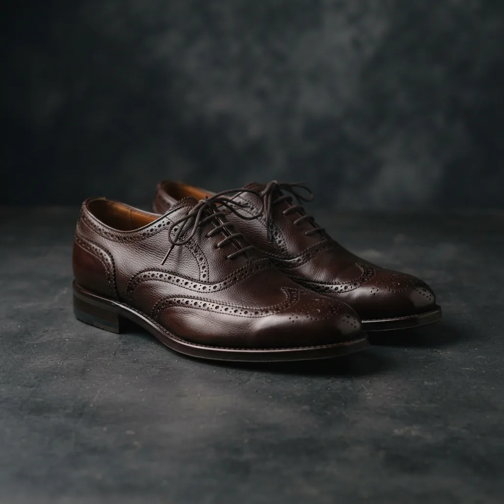Dark brown brogue men's dress shoes with decorative perforations on a studio surface.