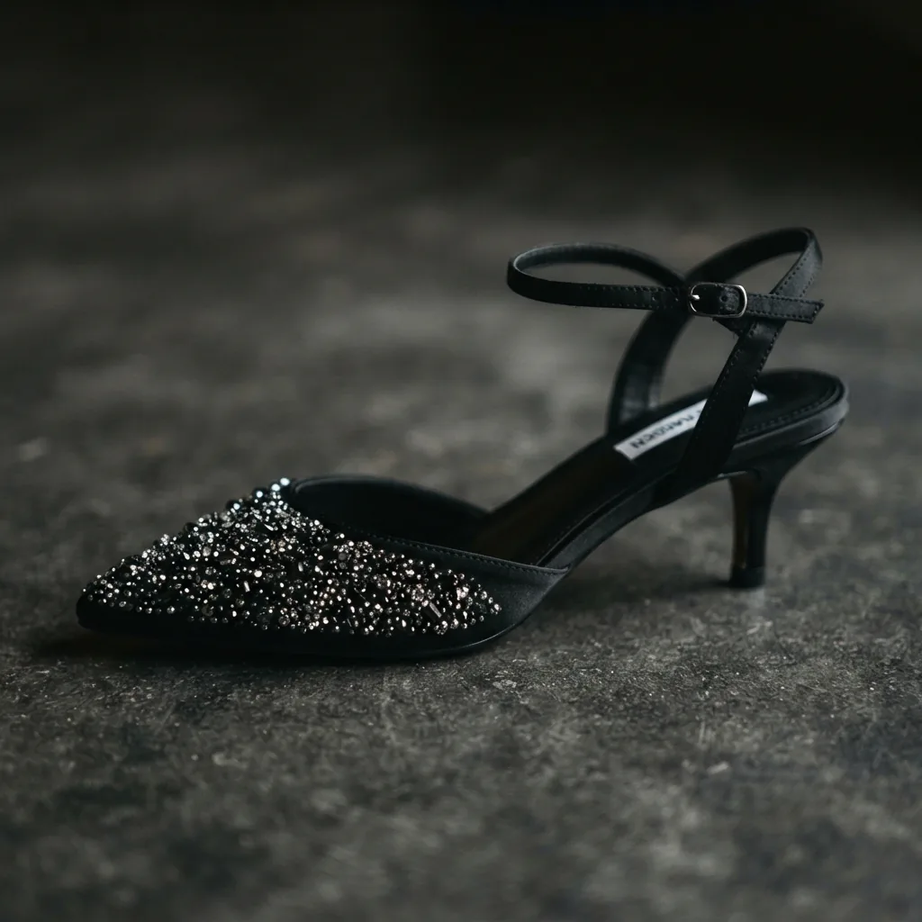 Steve Madden Capree embellished kitten heel on a dark charcoal surface