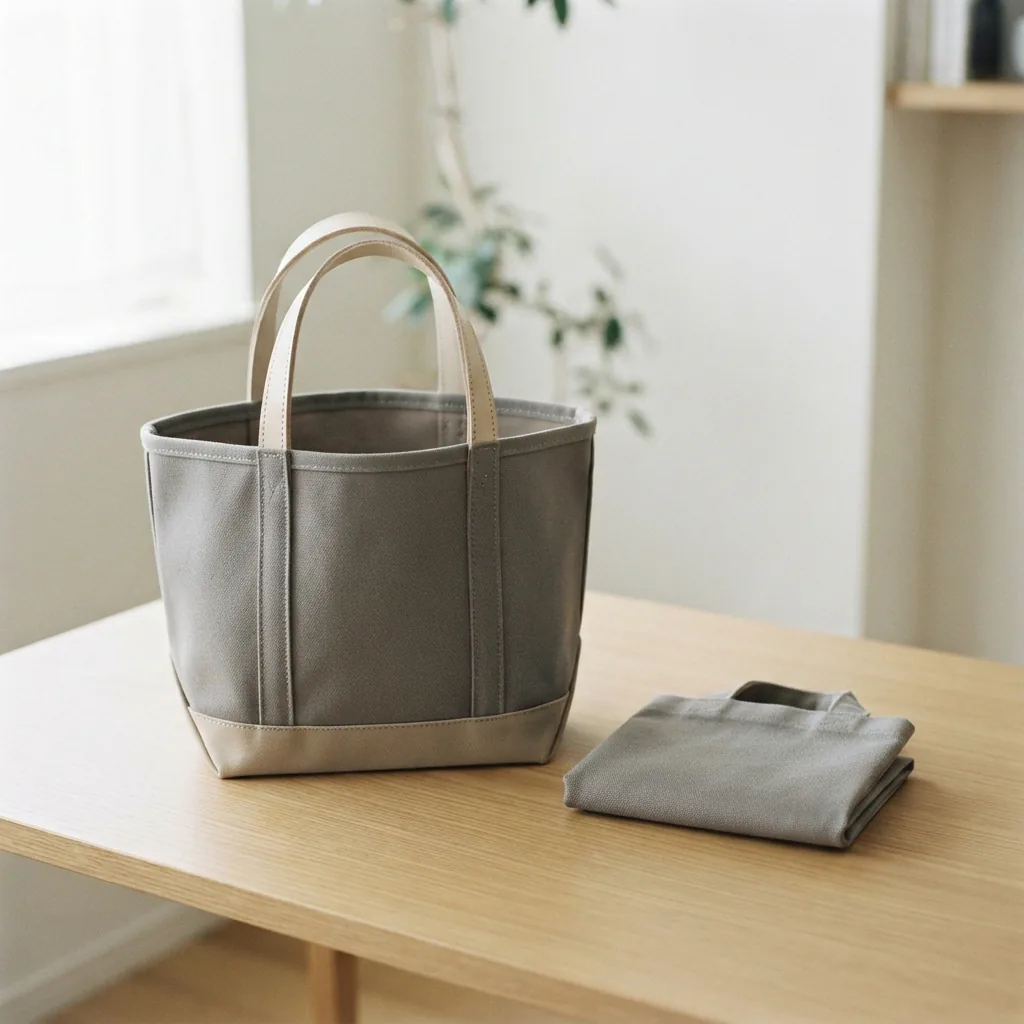 Structured tote standing on a desk next to a folded compact tote