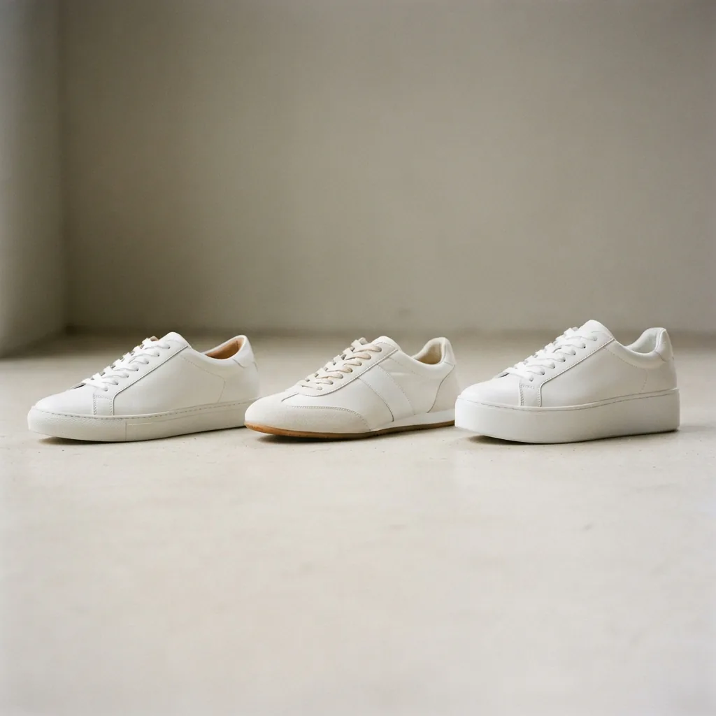 Three women's sneakers in low-top and platform shapes lined up for comparison on a light surface