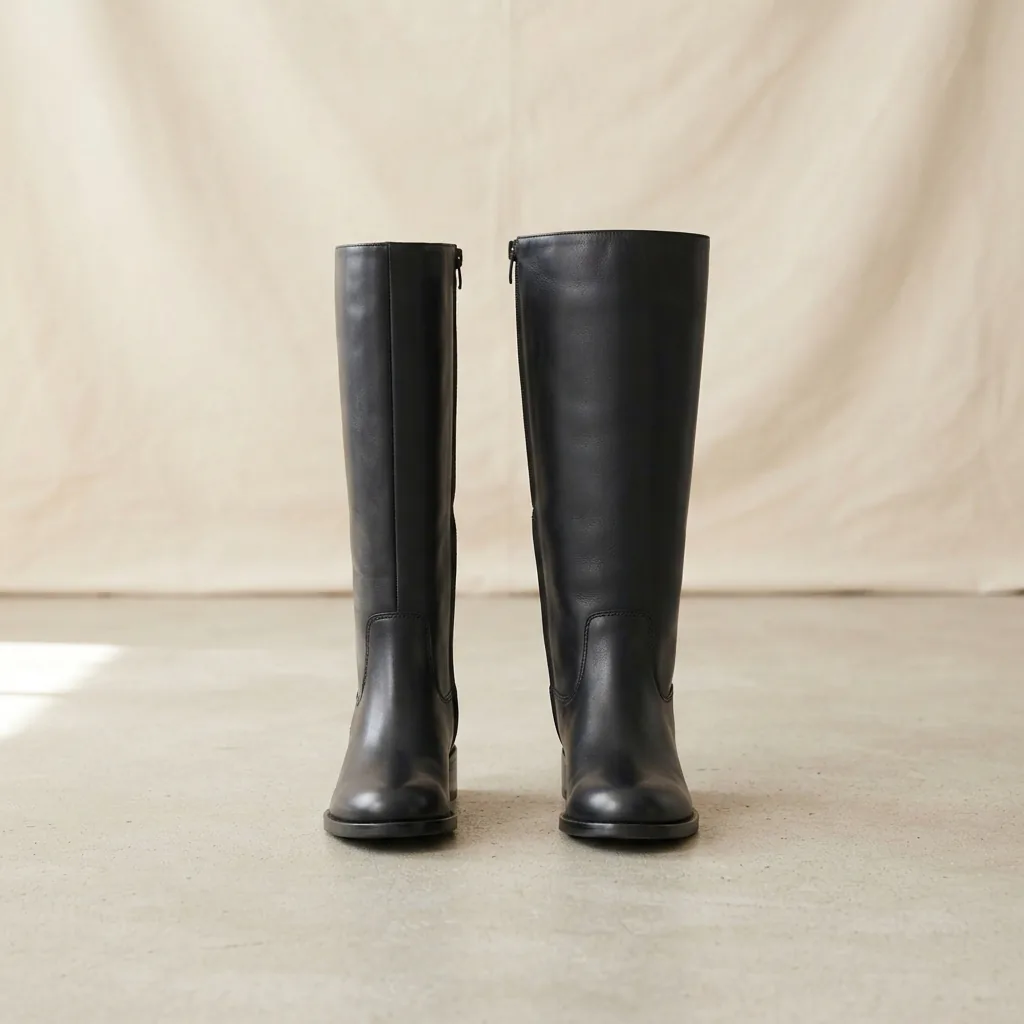 Two unbranded knee high boots with different shaft widths standing side by side in a studio