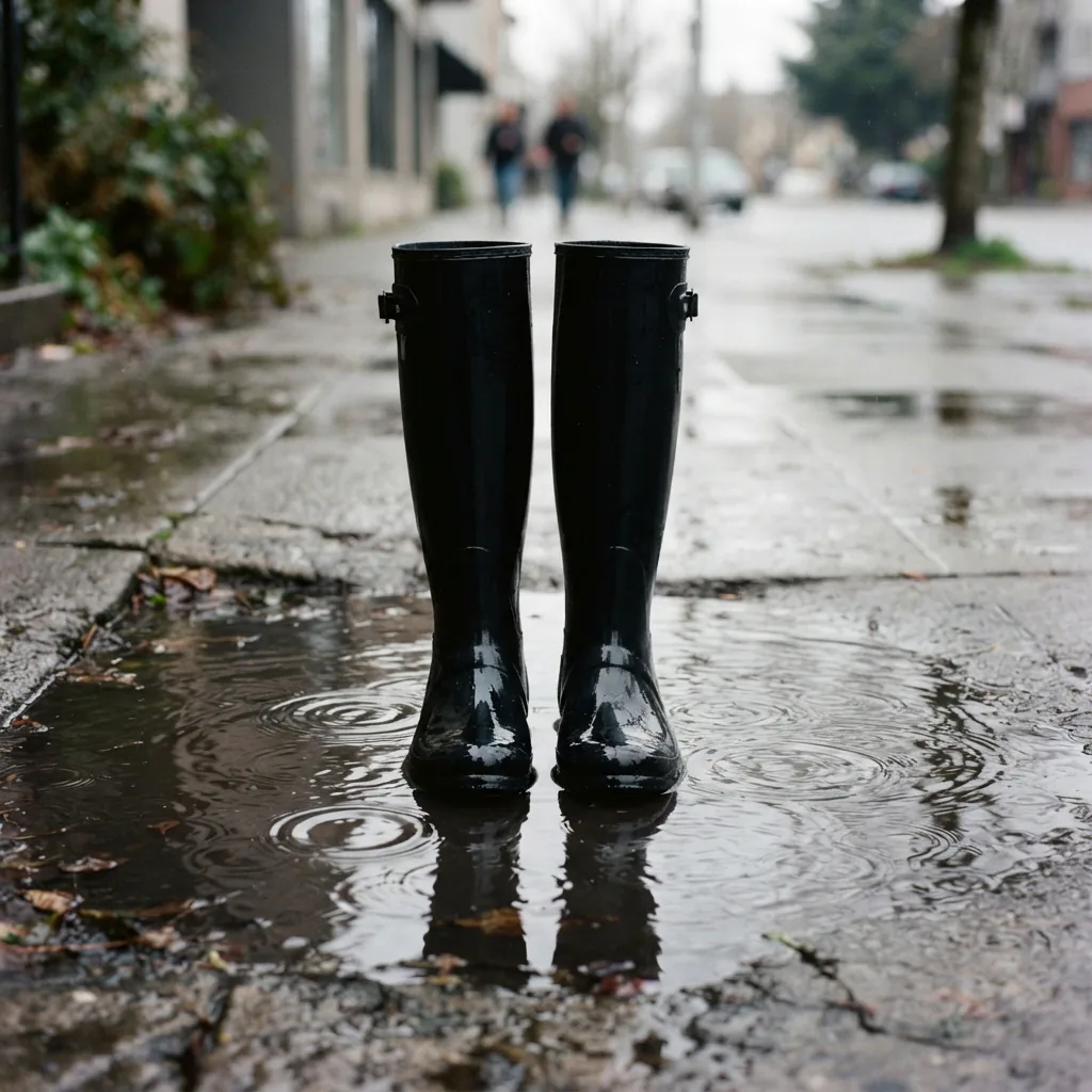 Tall rain boots reaching the knee standing in a deep puddle