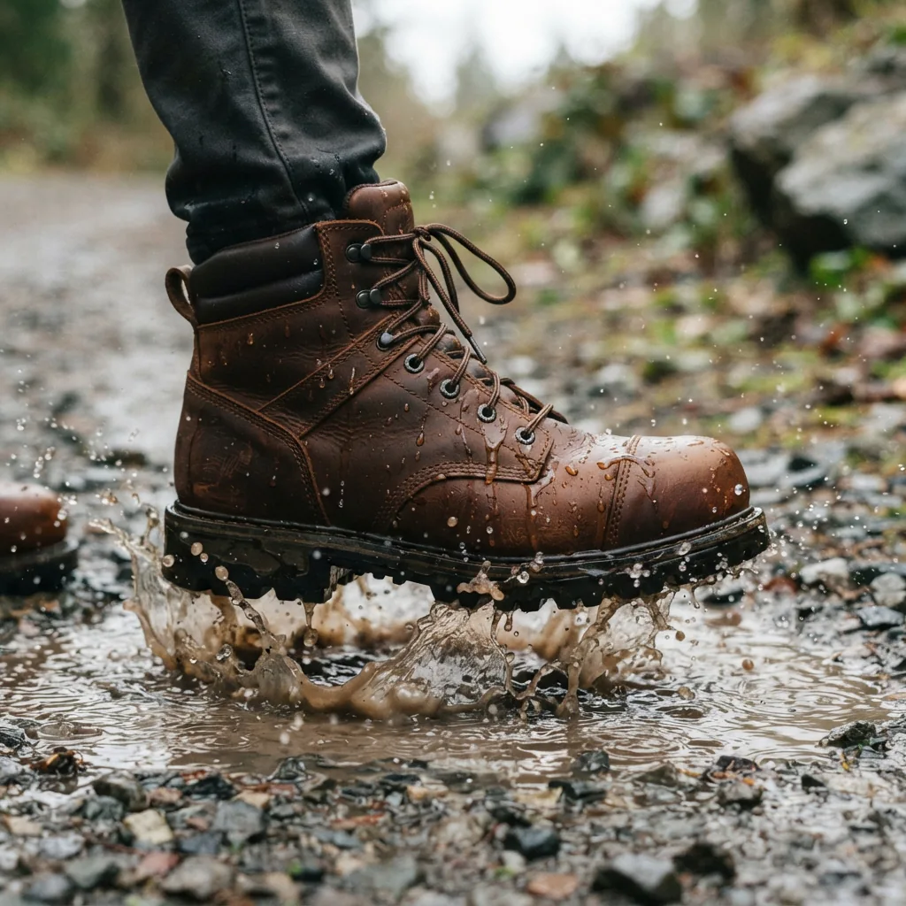 A mid-cut waterproof work boot splashing through a shallow puddle on wet ground.