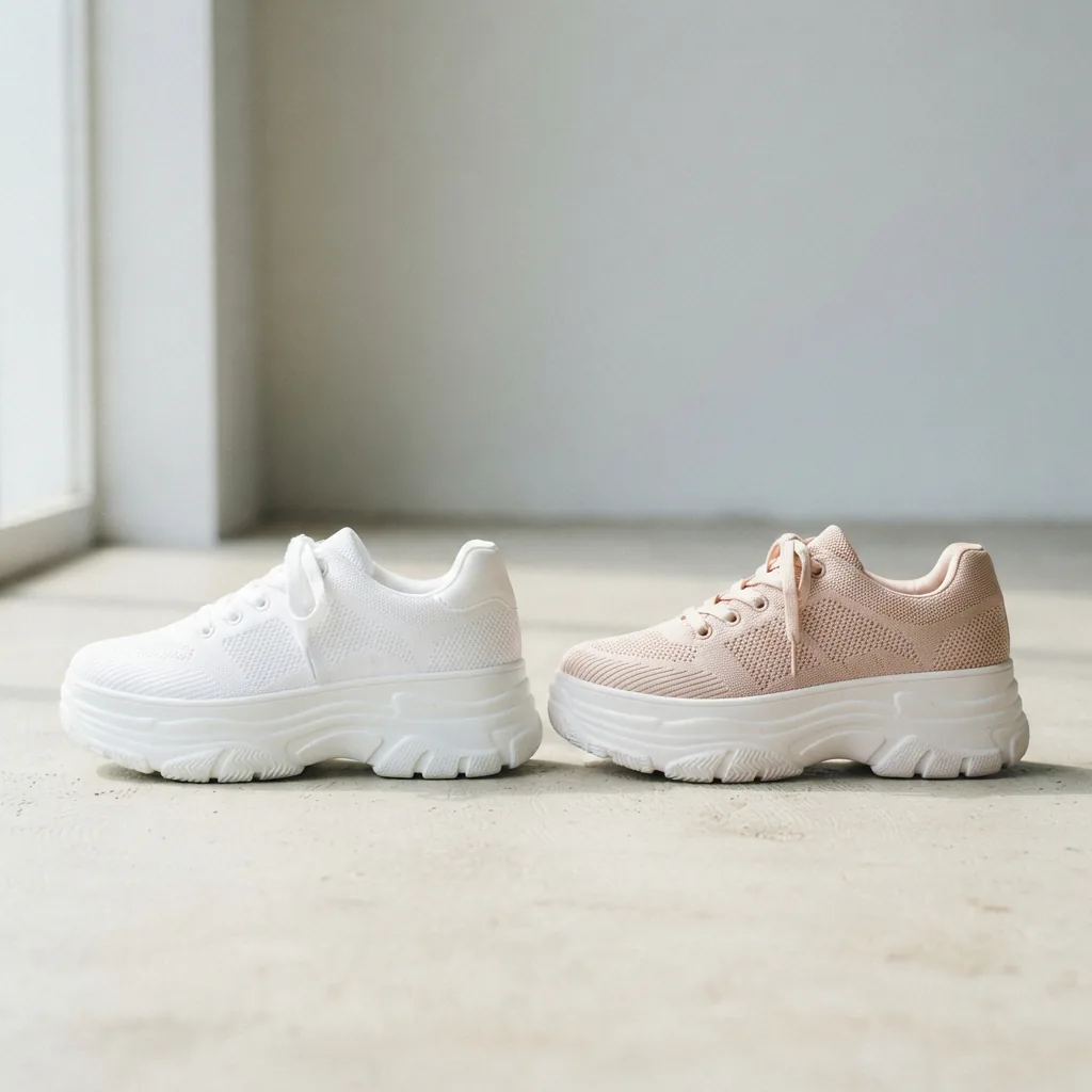 Platform-soled women's sneakers with thick raised soles on a pale studio floor