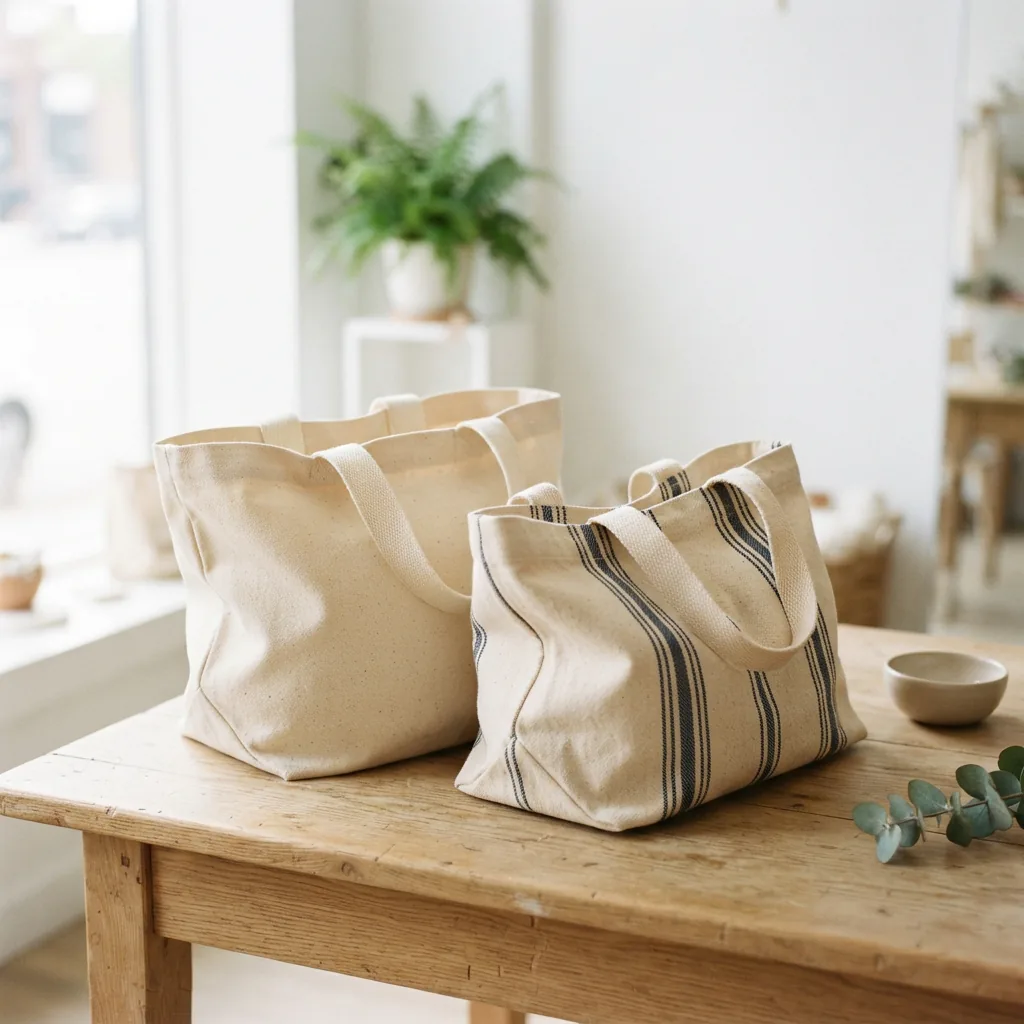 Casual canvas tote bags grouped on a light table