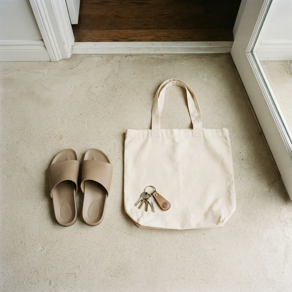 Unbranded slide sandals beside a canvas tote and keys near a doorway