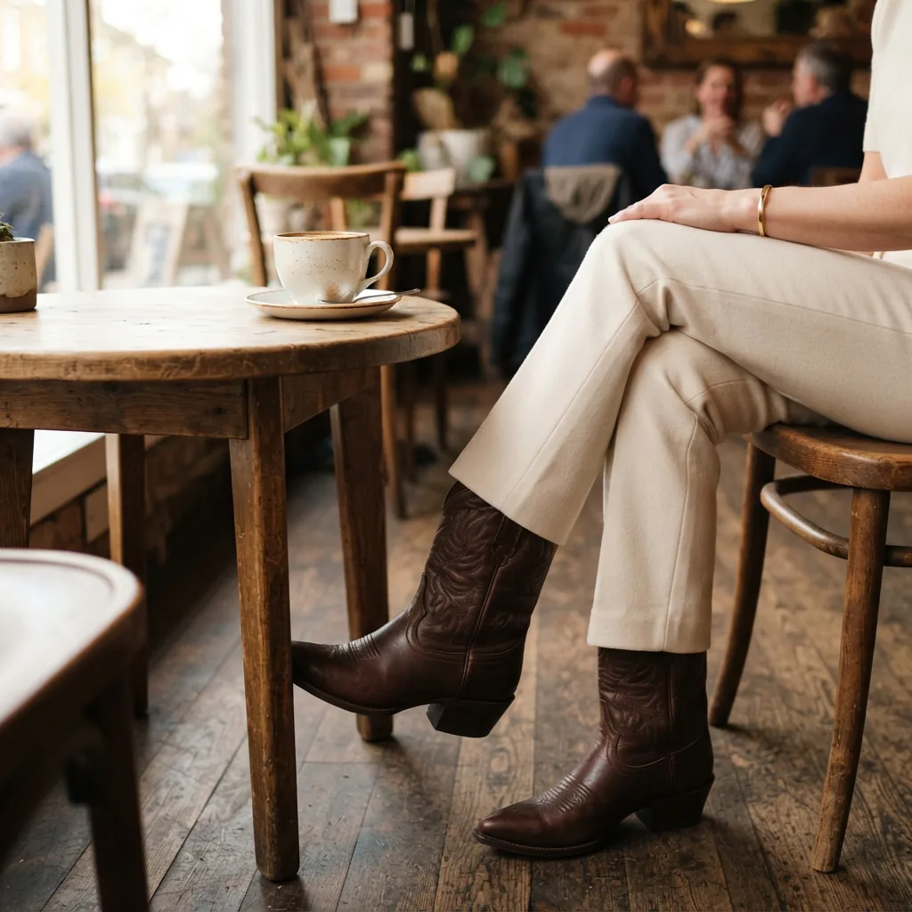 Western boots styled with tailored trousers in a bright cafe setting