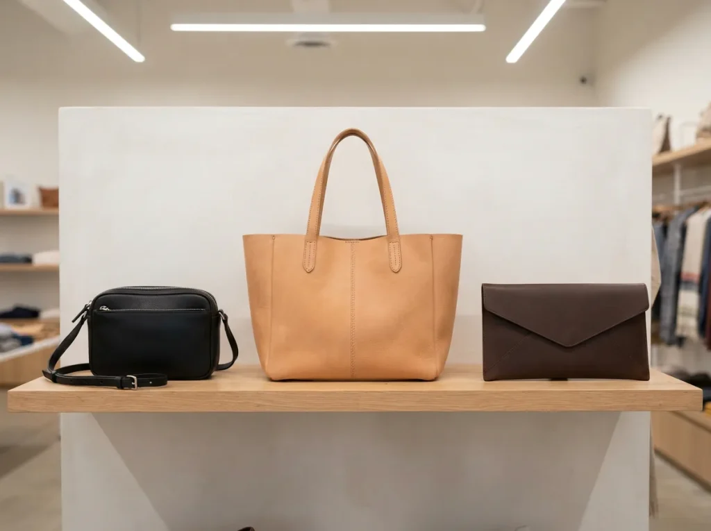 Row of assorted purses showing crossbody, tote and clutch styles