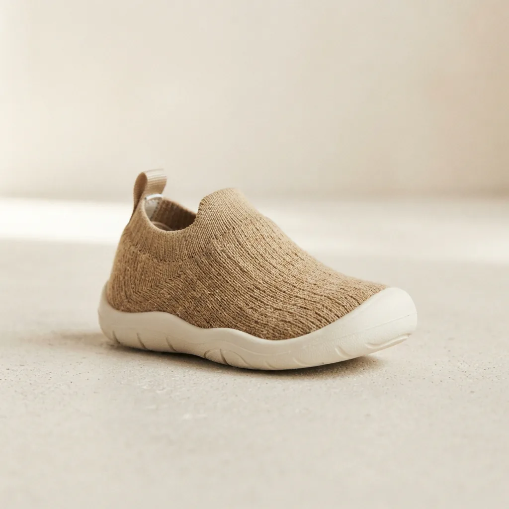 A kids' soft slip-on sneaker with a stretch knit upper photographed alone on a light surface