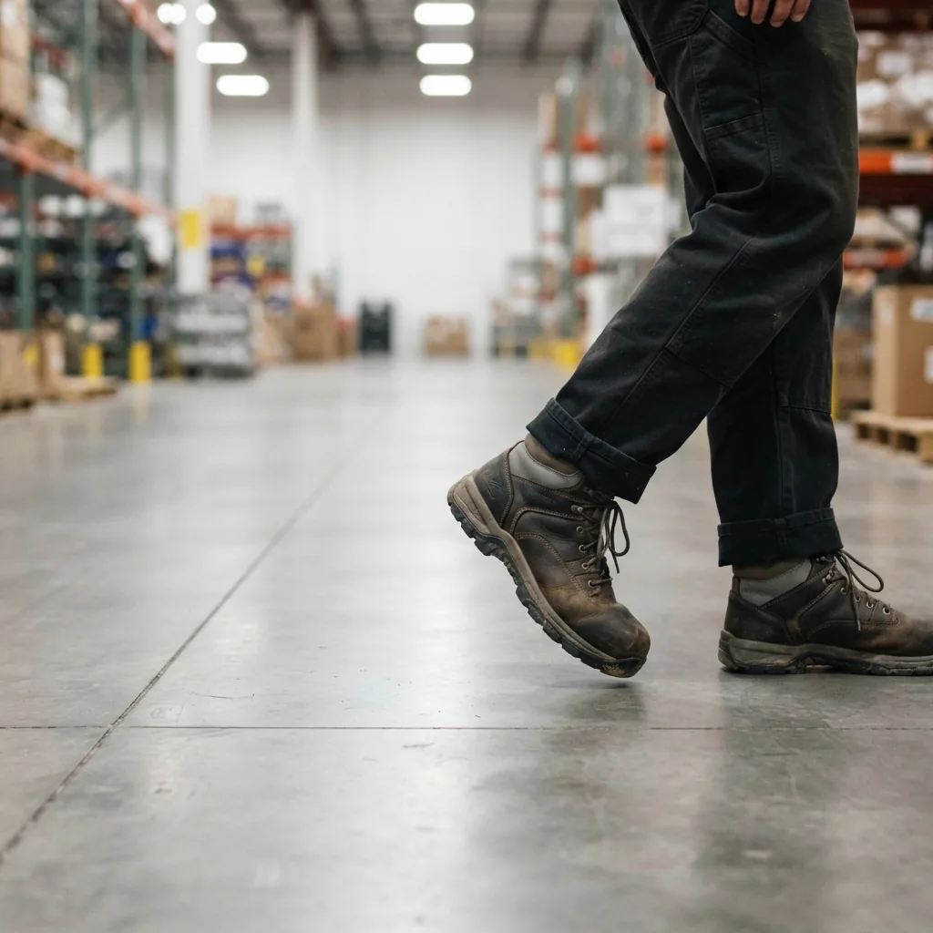 Cushioned work boots walking across a smooth warehouse aisle.