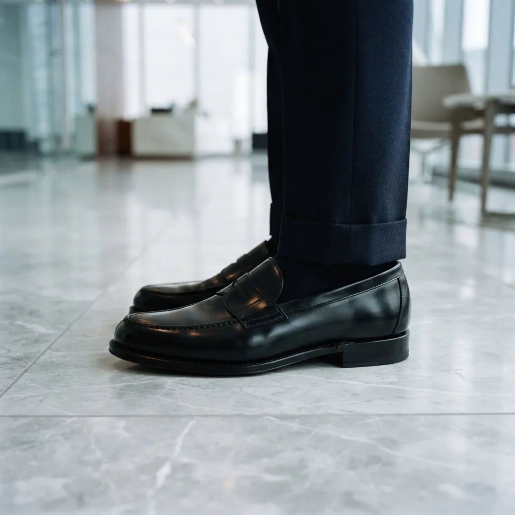 Polished black leather loafers on a pale marble office lobby floor beside tailored trouser cuffs