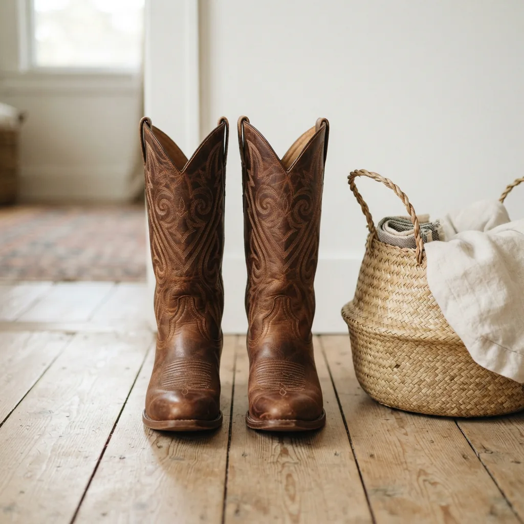 Women's western cowboy boots on a light floor beside a market basket and keys
