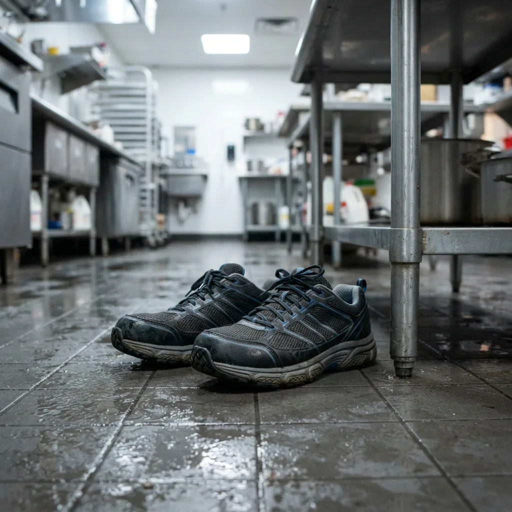 Slip-resistant work sneakers on a wet kitchen floor beside stainless prep counters