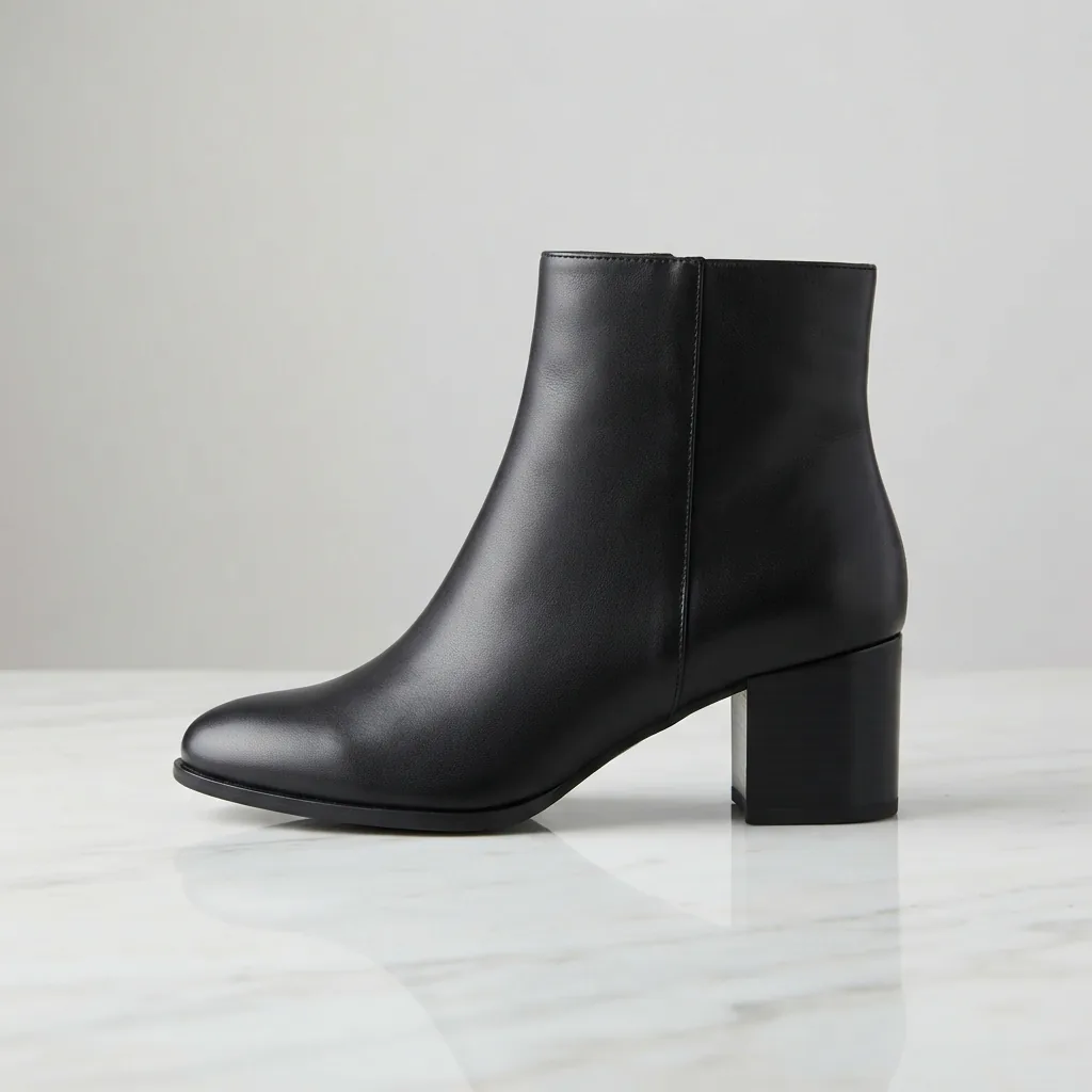 Journee Arely women's black ankle bootie with a block heel on a pale marble surface