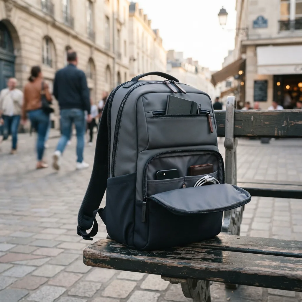 An urban backpack with multiple zippered compartments on a city street corner