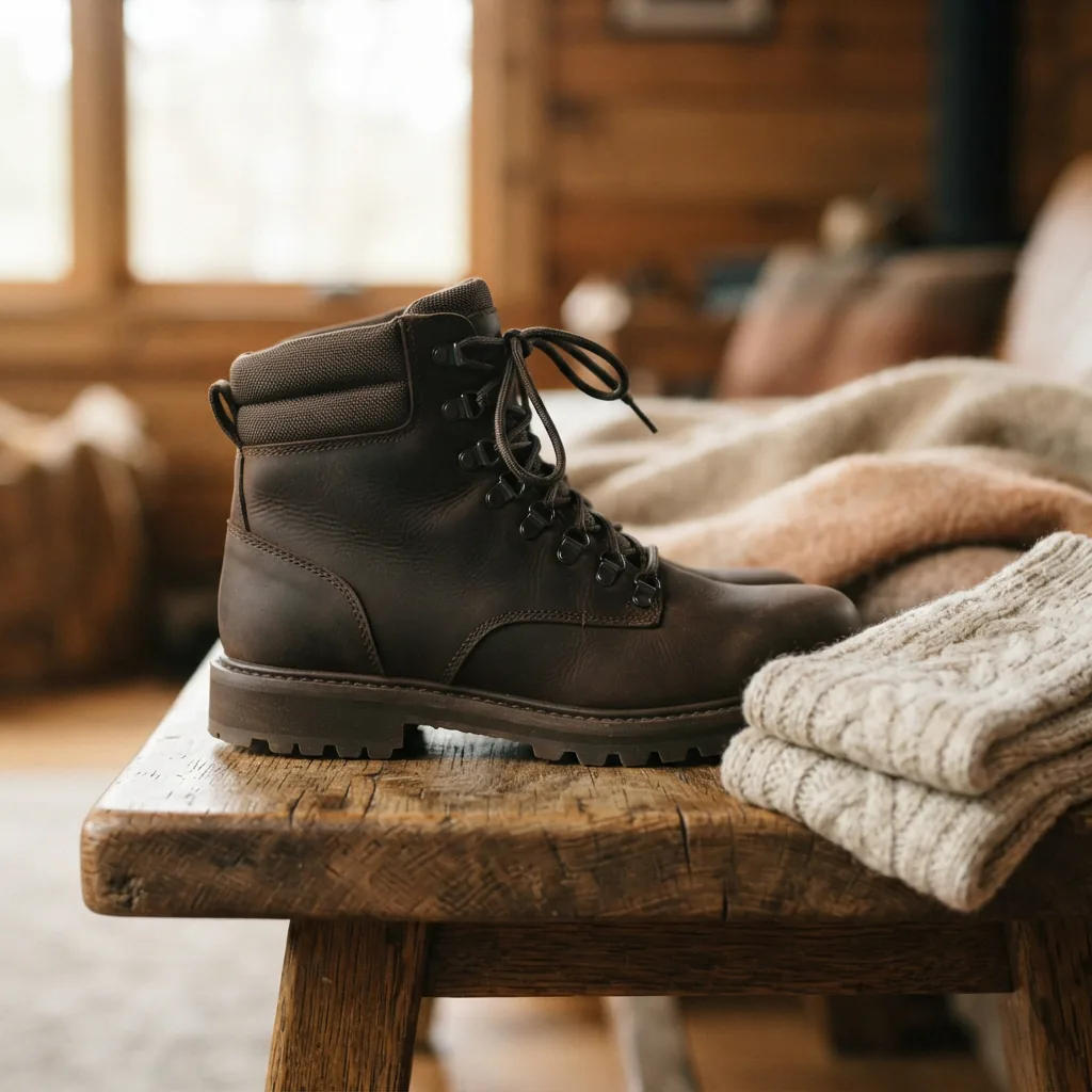 Winter boot on a bench with a thick wool sock folded beside it
