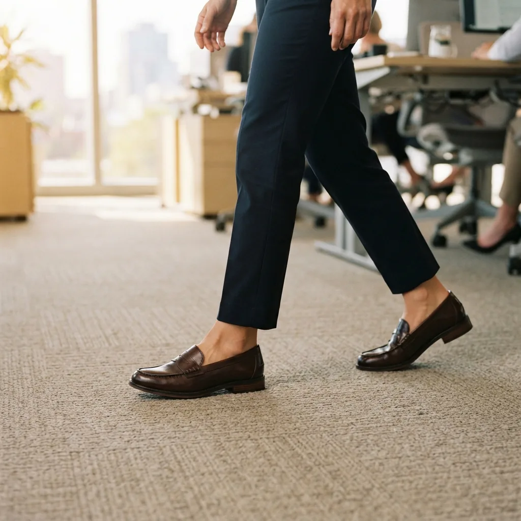 One adult woman walking across an office floor in leather loafers, cropped at the knee